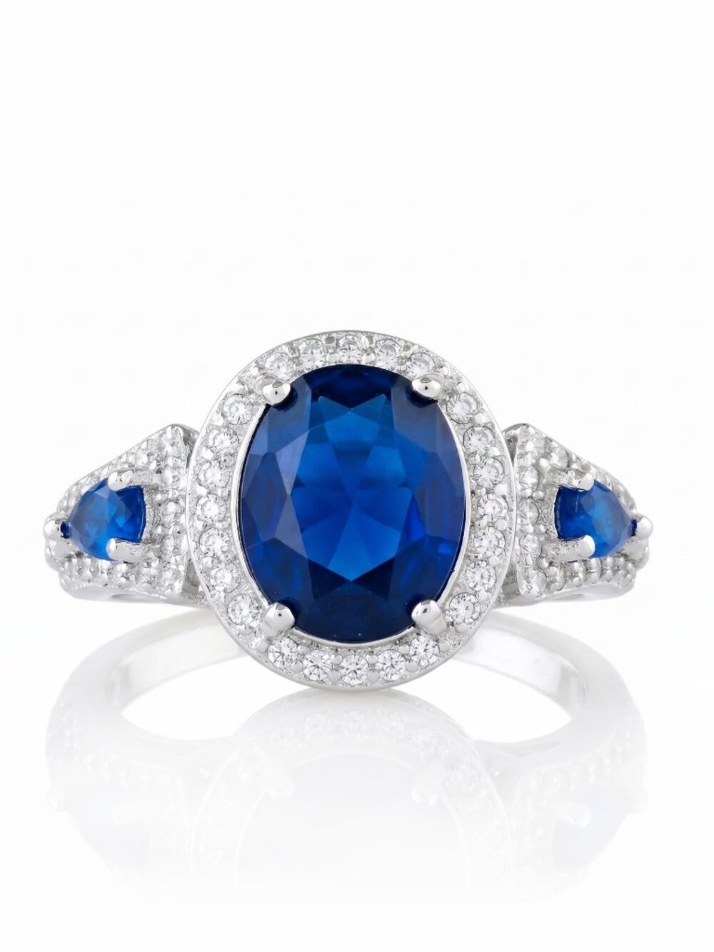 Oval Lab-Grown Blue Sapphire  Diamond Halo Engagement Ring - 925 Sterling Silver